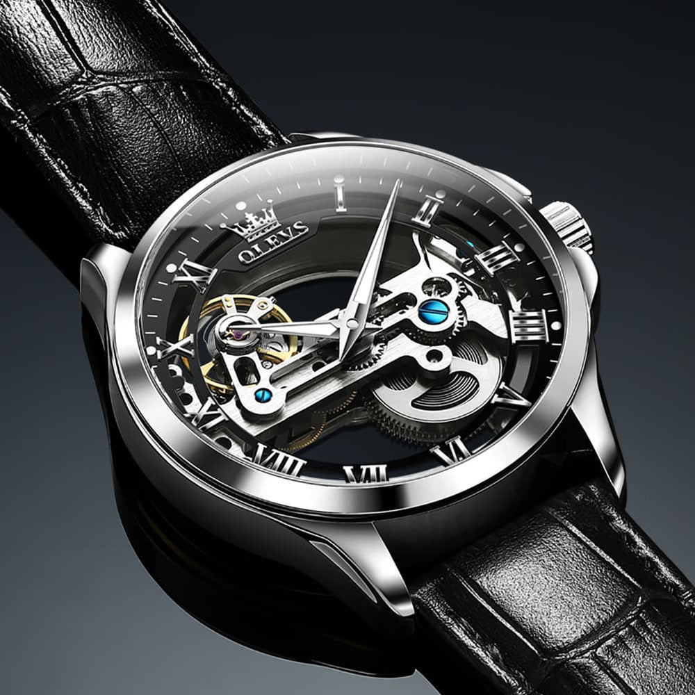 OLEVS 6661 Leather Skeleton Mechanical Watch for Men - Gold White Watch | Olevs Watch Store