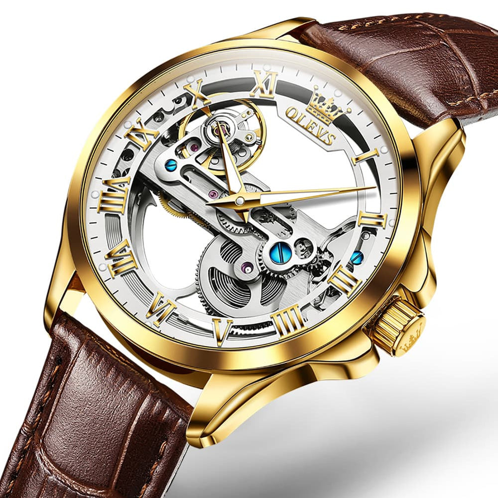 OLEVS 6661 Leather Skeleton Mechanical Watch for Men - Gold White Watch | Olevs Watch Store