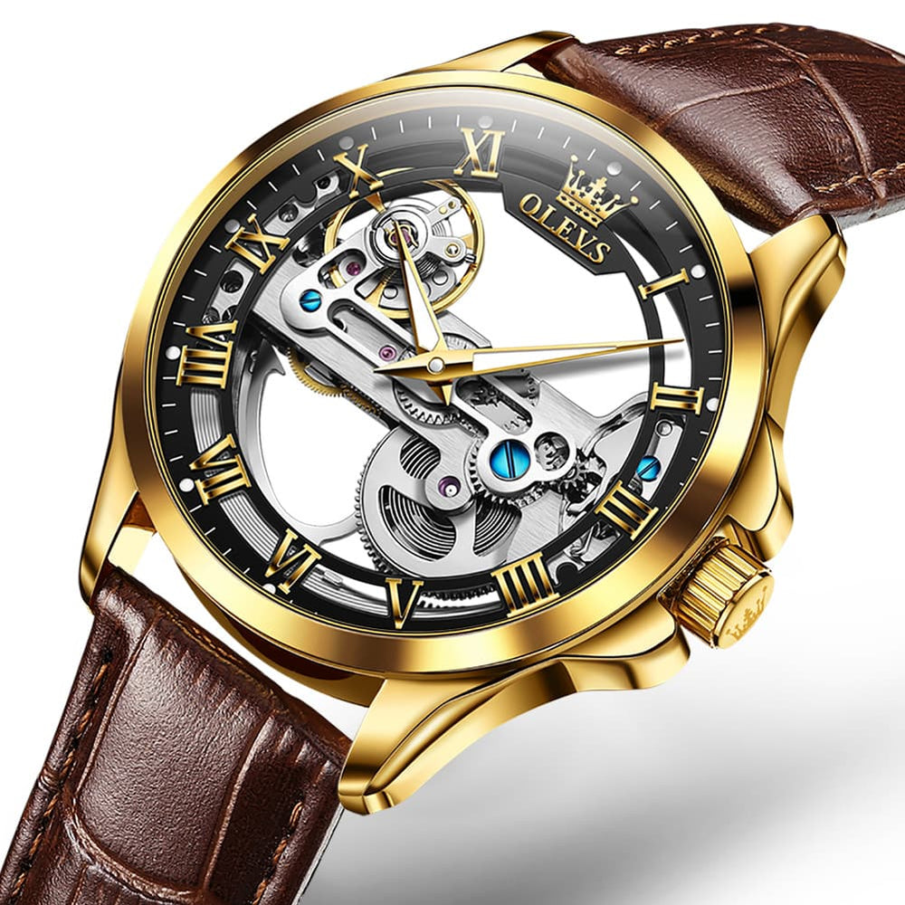 OLEVS 6661 Leather Skeleton Mechanical Watch for Men - Gold White Watch | Olevs Watch Store