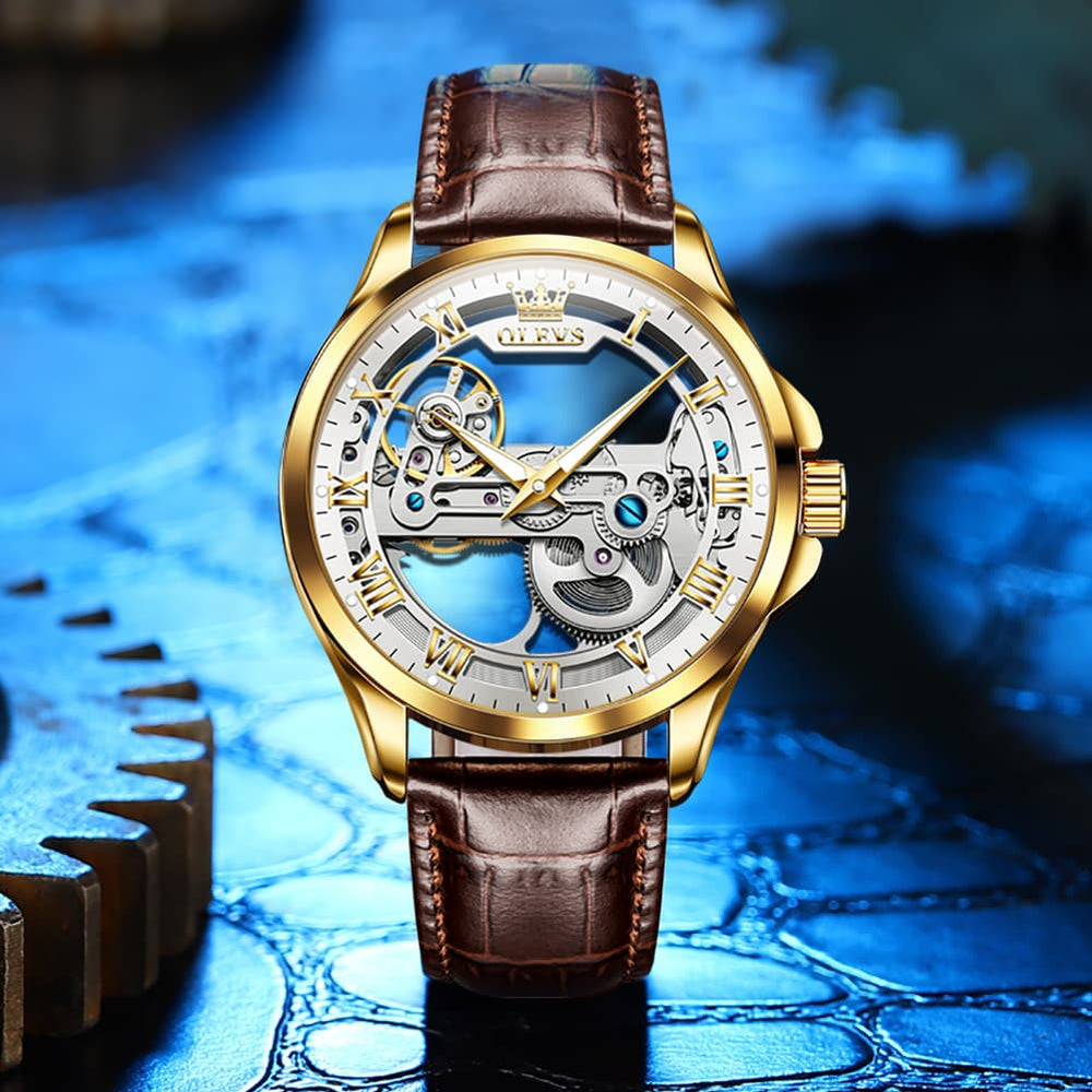 OLEVS 6661 Leather Skeleton Mechanical Watch for Men - Gold White Watch | Olevs Watch Store