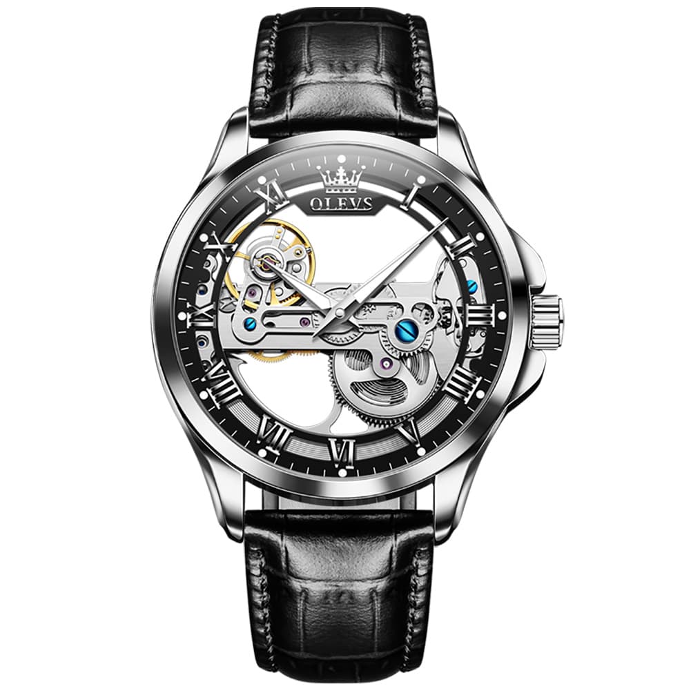 OLEVS 6661 Leather Skeleton Mechanical Watch for Men - Silver Black Watch | Olevs Watch Store