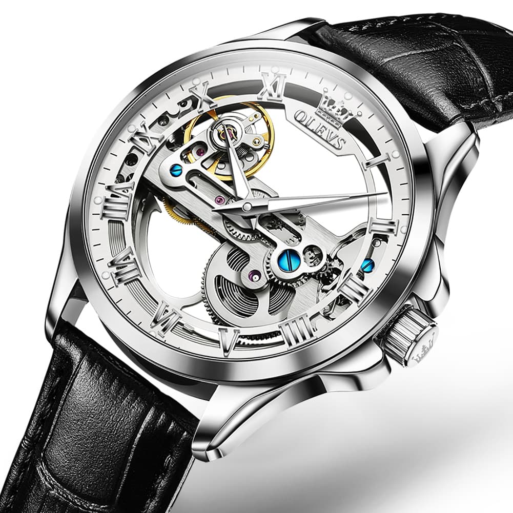 OLEVS 6661 Leather Skeleton Mechanical Watch for Men - Silver White Watch | Olevs Watch Store