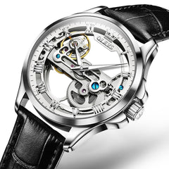 OLEVS 6661 Leather Skeleton Mechanical Watch for Men - Silver White Watch | Olevs Watch Store