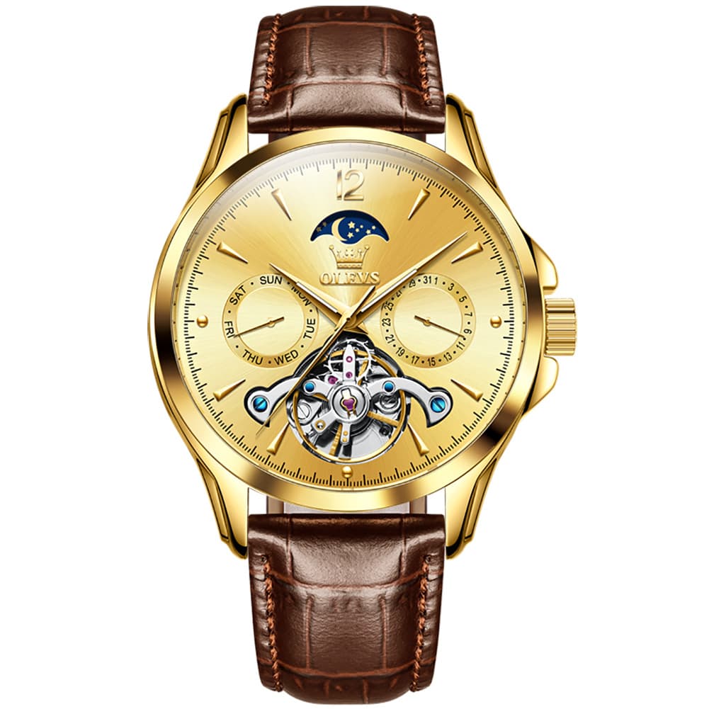 OLEVS 6663 Automatic Mechanical Moon Phase Watch for Men - Leather All Gold Watch | Olevs Watch Store
