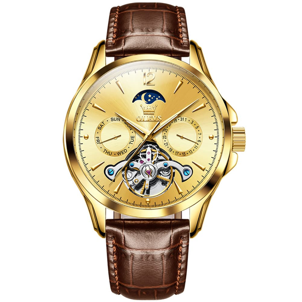 OLEVS 6663 Automatic Mechanical Moon Phase Watch for Men - Leather All Gold Watch | Olevs Watch Store