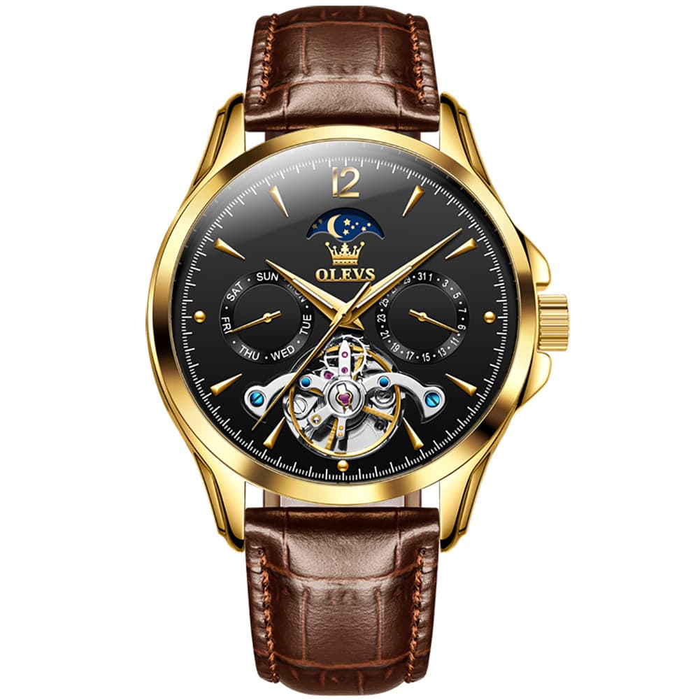 OLEVS 6663 Automatic Mechanical Moon Phase Watch for Men - Leather Gold Black Watch | Olevs Watch Store