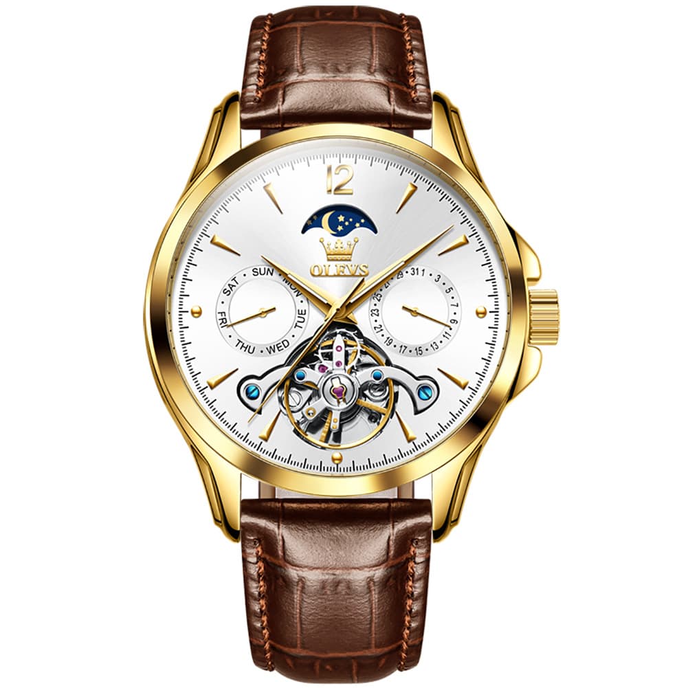 OLEVS 6663 Automatic Mechanical Moon Phase Watch for Men - Leather Gold White Watch | Olevs Watch Store
