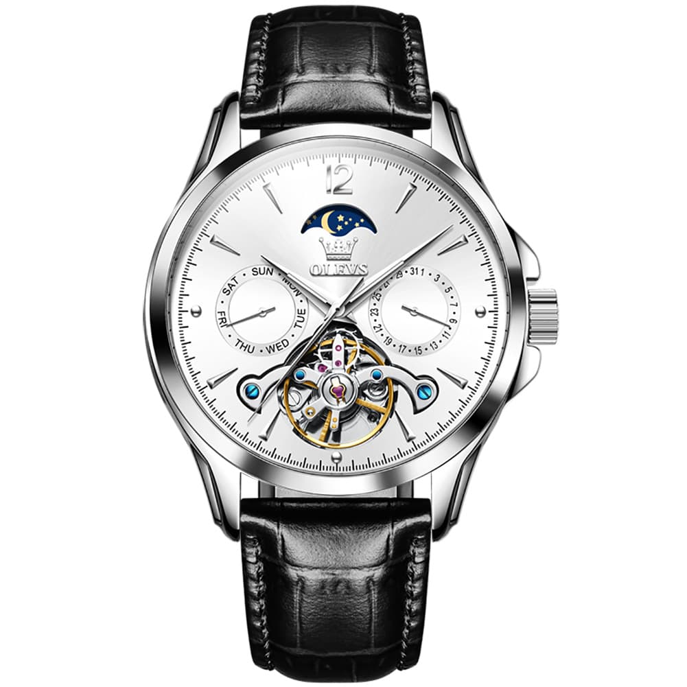 OLEVS 6663 Automatic Mechanical Moon Phase Watch for Men - Leather Silver White Watch | Olevs Watch Store
