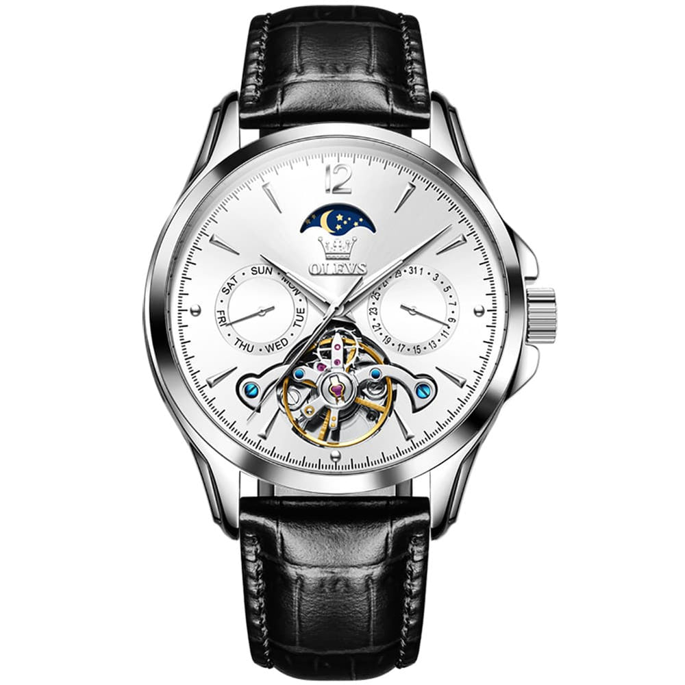OLEVS 6663 Automatic Mechanical Moon Phase Watch for Men - Leather Silver White Watch | Olevs Watch Store