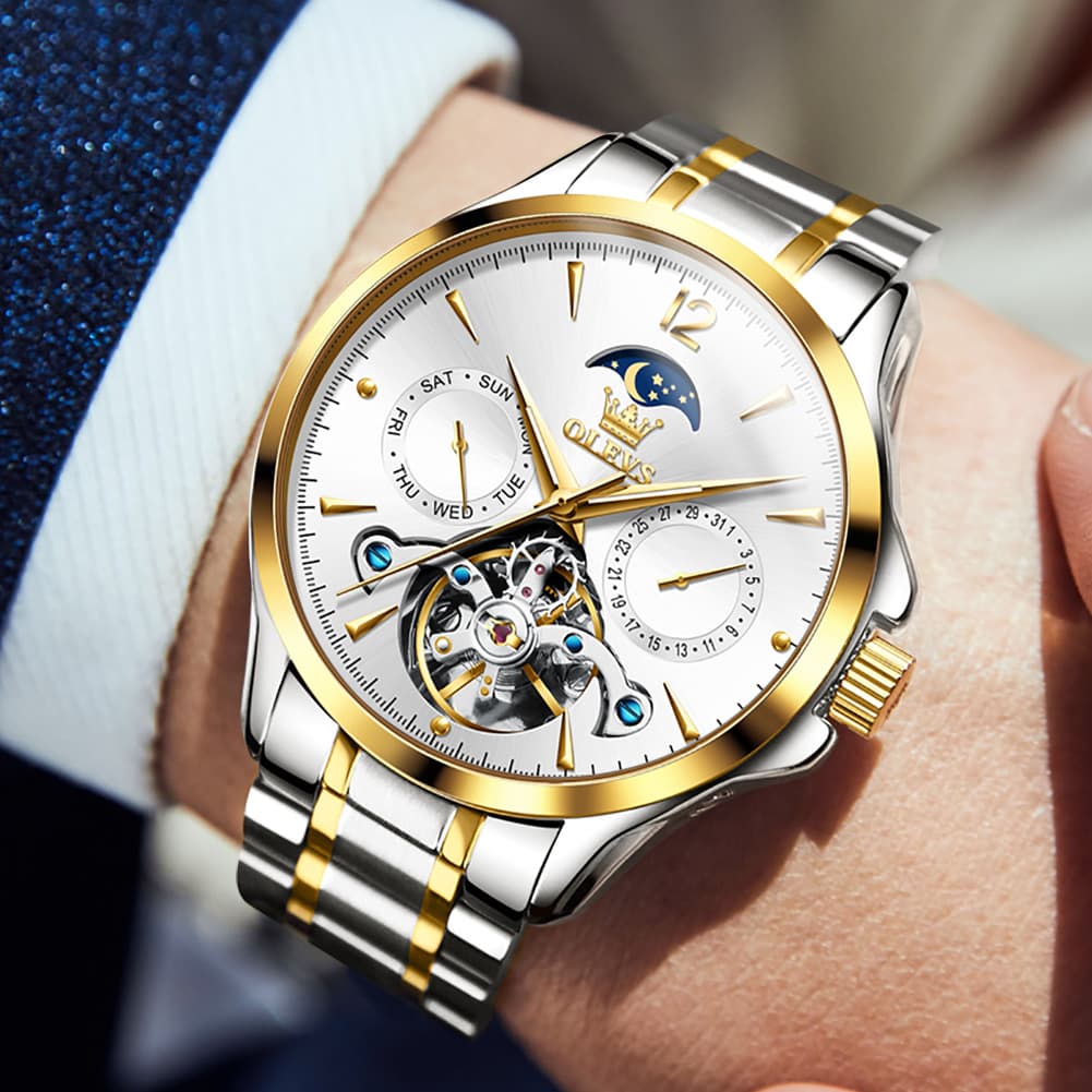 OLEVS 6663 Automatic Mechanical Moon Phase Watch for Men - Leather Silver White Watch | Olevs Watch Store
