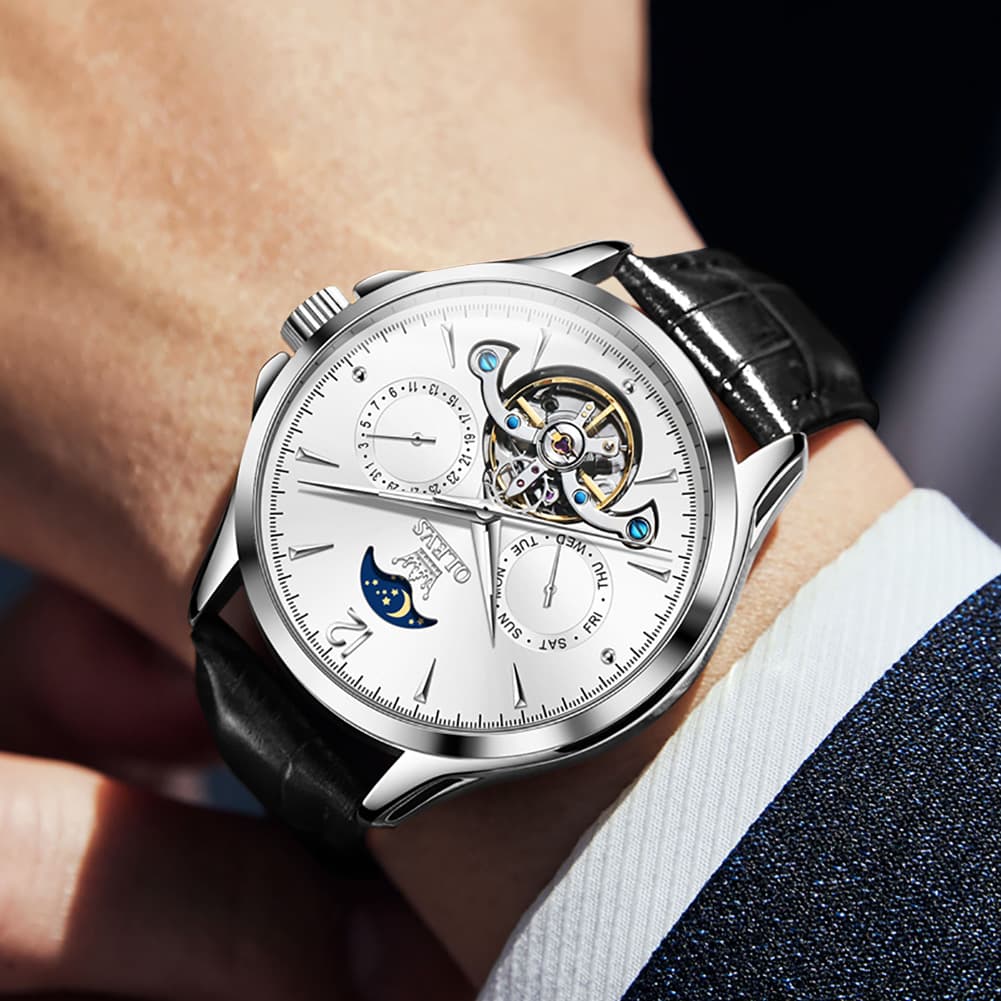 OLEVS 6663 Automatic Mechanical Moon Phase Watch for Men - Leather Silver White Watch | Olevs Watch Store