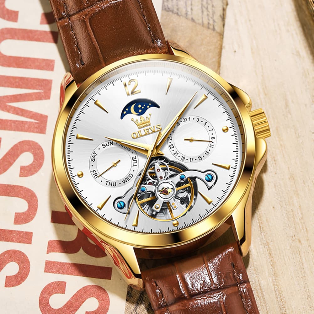 OLEVS 6663 Automatic Mechanical Moon Phase Watch for Men - Leather Silver White Watch | Olevs Watch Store