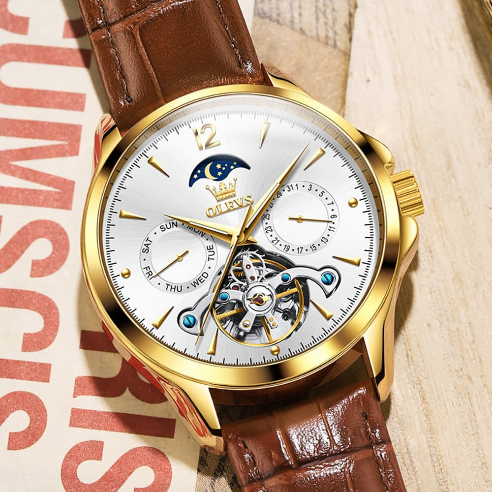 OLEVS 6663 Automatic Mechanical Moon Phase Watch for Men - Leather Silver White Watch | Olevs Watch Store