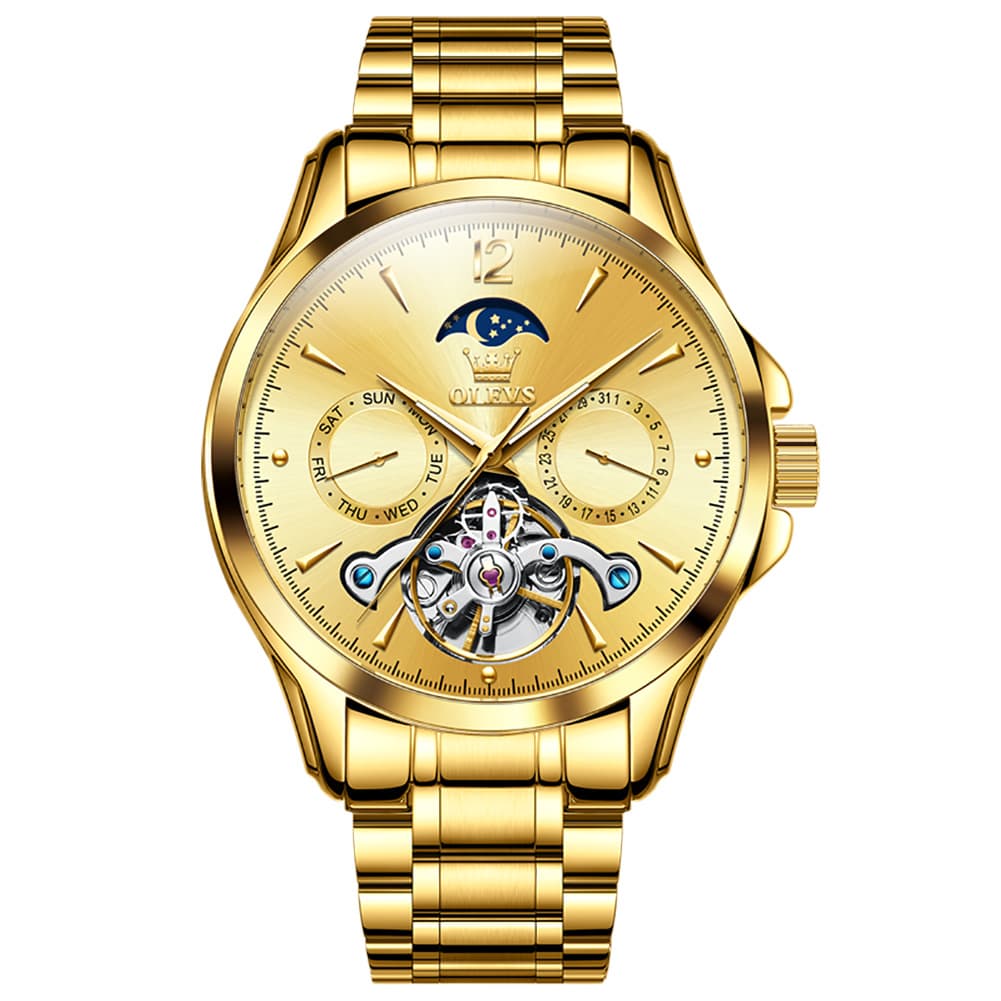OLEVS 6663 Automatic Mechanical Moon Phase Watch for Men - Steel All Gold Watch | Olevs Watch Store