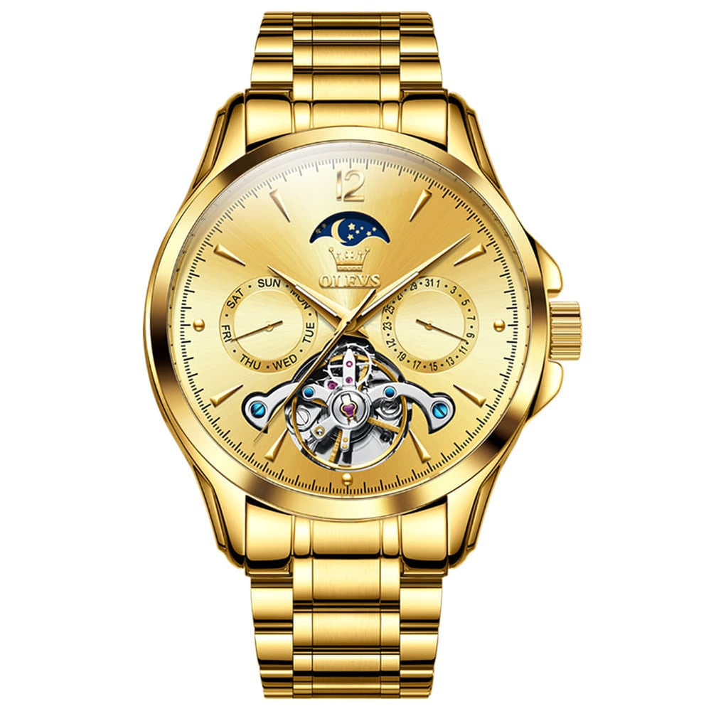OLEVS 6663 Automatic Mechanical Moon Phase Watch for Men - Steel All Gold Watch | Olevs Watch Store