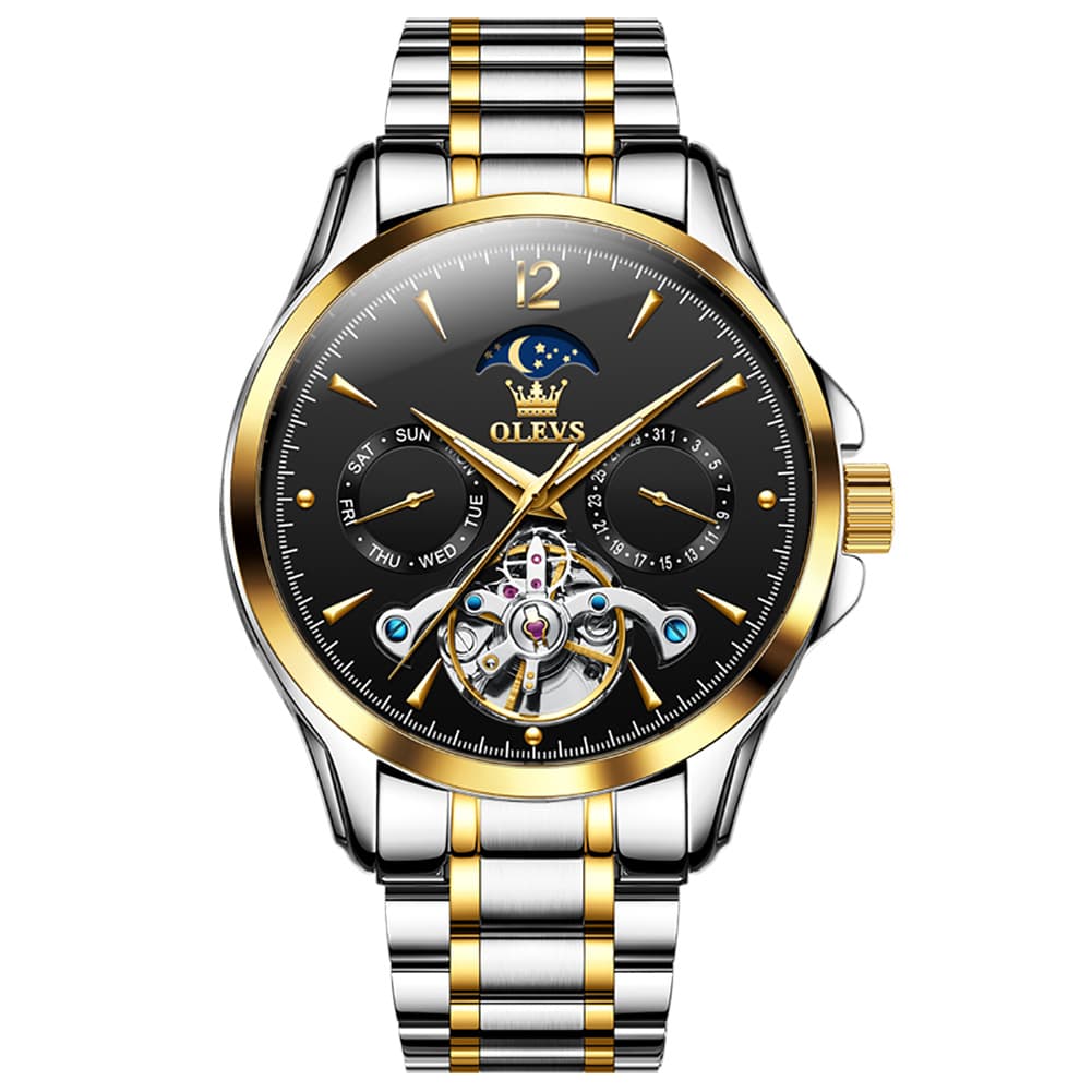 OLEVS 6663 Automatic Mechanical Moon Phase Watch for Men - Steel Two-Tone Black Watch | Olevs Watch Store