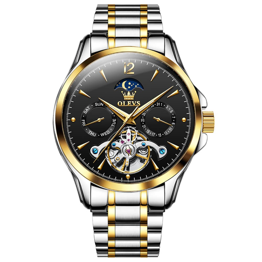 OLEVS 6663 Automatic Mechanical Moon Phase Watch for Men - Steel Two-Tone Black Watch | Olevs Watch Store
