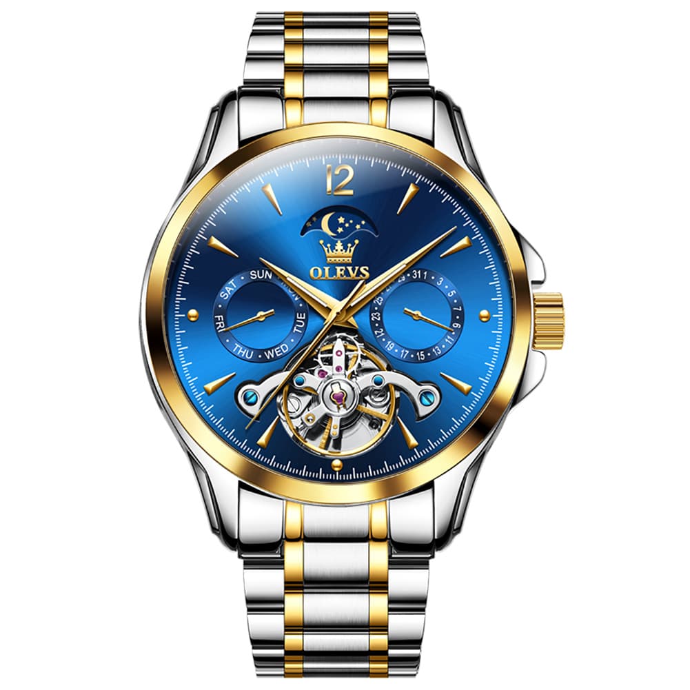 OLEVS 6663 Automatic Mechanical Moon Phase Watch for Men - Steel Two-Tone Blue Watch | Olevs Watch Store