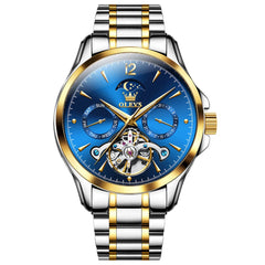 OLEVS 6663 Automatic Mechanical Moon Phase Watch for Men - Steel Two-Tone Blue Watch | Olevs Watch Store