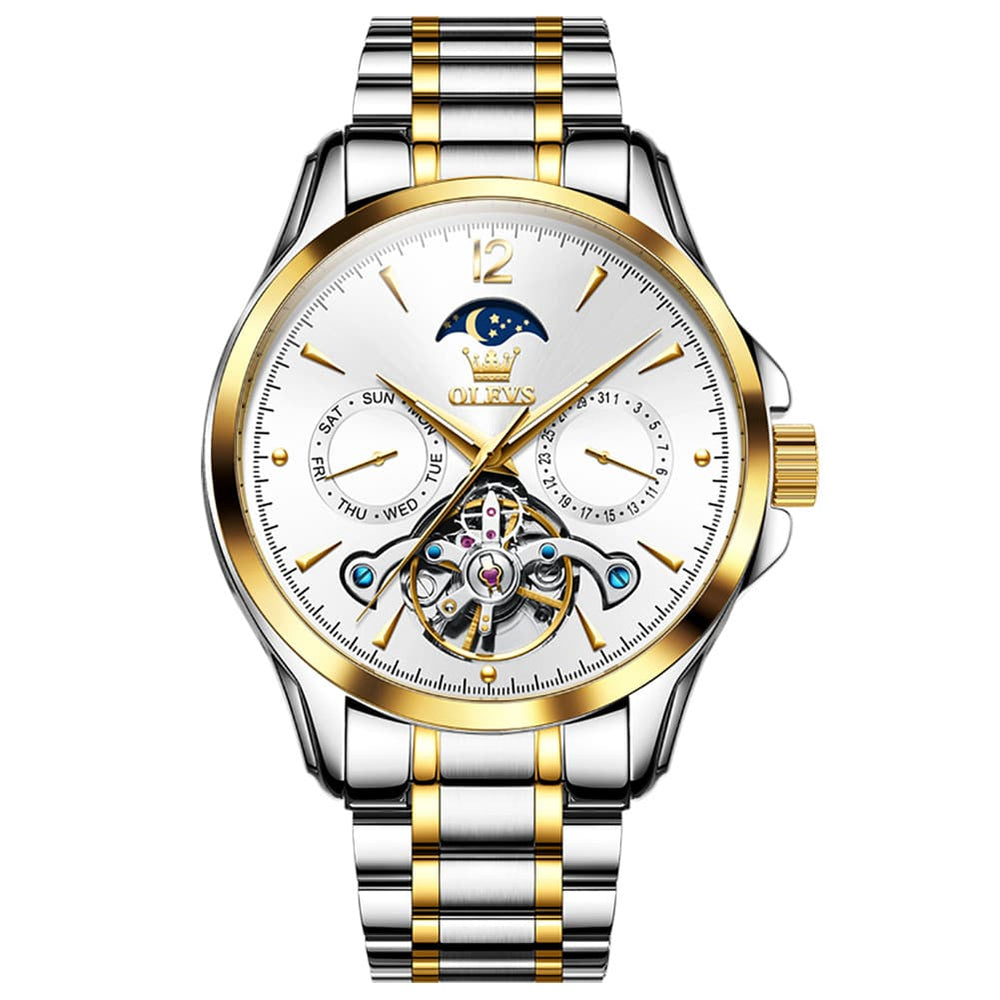 OLEVS 6663 Automatic Mechanical Moon Phase Watch for Men - Steel Two-Tone White Watch | Olevs Watch Store