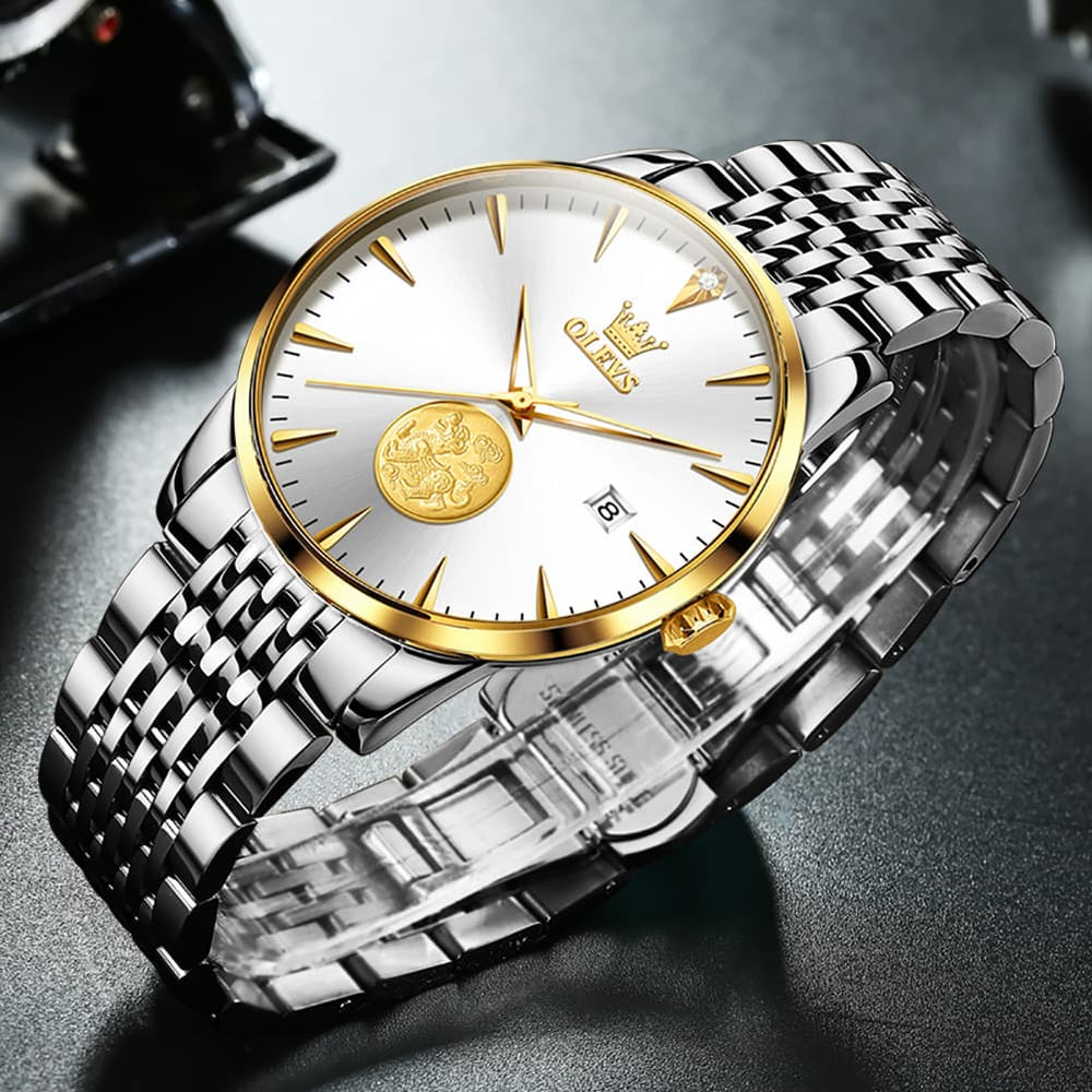 OLEVS 6665 Stainless Steel Pi Xiu Lucky Mechanical Watch for Men - Leather Gold Watch | Olevs Watch Store