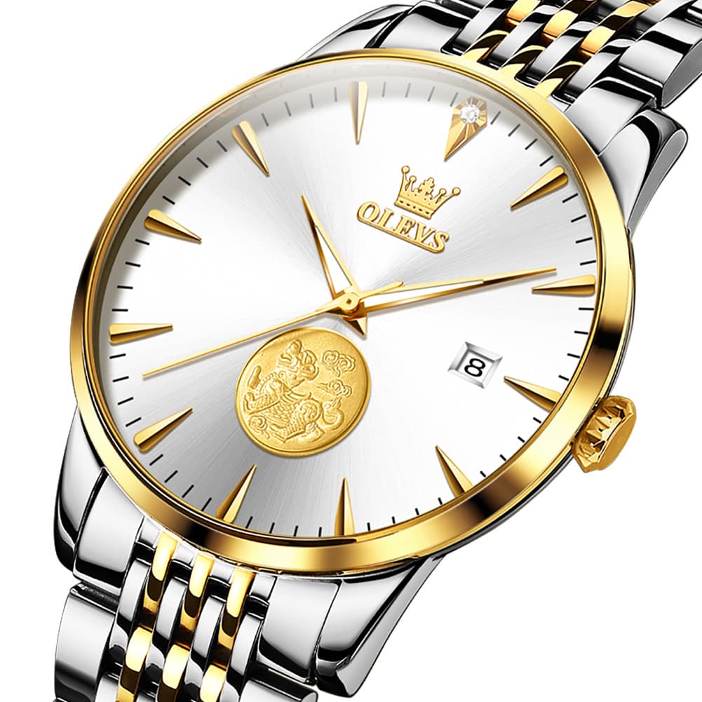 OLEVS 6665 Stainless Steel Pi Xiu Lucky Mechanical Watch for Men - Leather Gold Watch | Olevs Watch Store