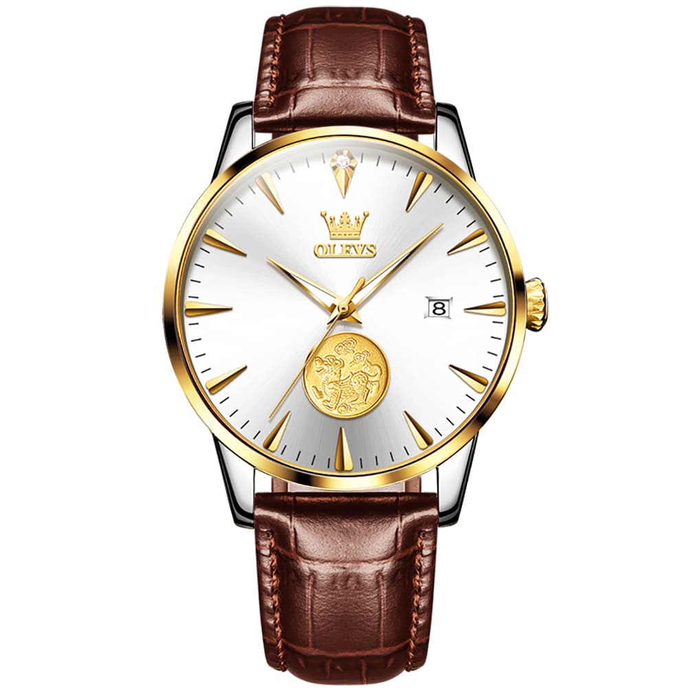 OLEVS 6665 Stainless Steel Pi Xiu Lucky Mechanical Watch for Men - Leather Gold Watch | Olevs Watch Store