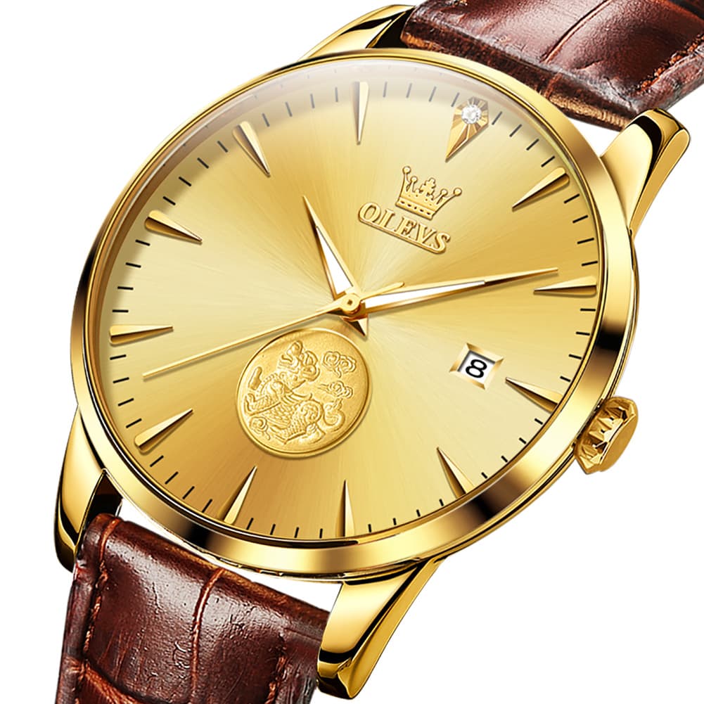 OLEVS 6665 Stainless Steel Pi Xiu Lucky Mechanical Watch for Men - Leather Gold Watch | Olevs Watch Store