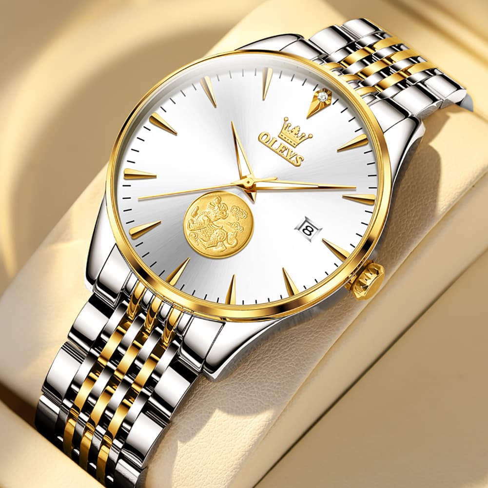 OLEVS 6665 Stainless Steel Pi Xiu Lucky Mechanical Watch for Men - Leather Gold Watch | Olevs Watch Store
