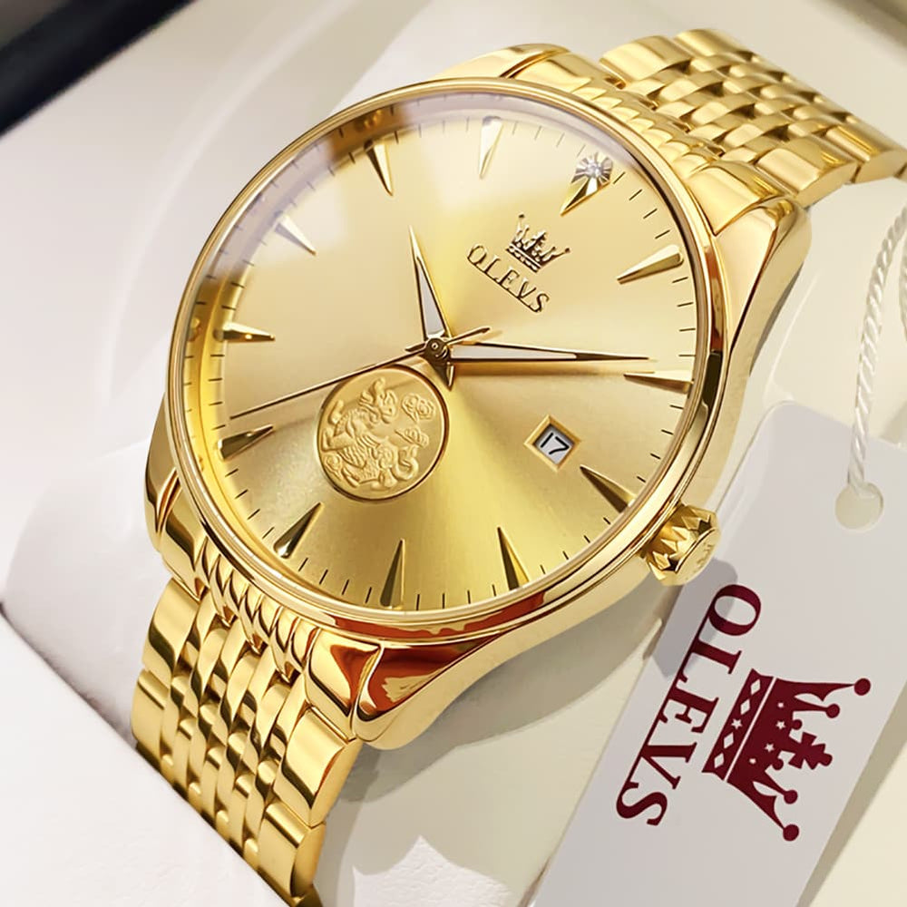 OLEVS 6665 Stainless Steel Pi Xiu Lucky Mechanical Watch for Men - Leather Gold Watch | Olevs Watch Store