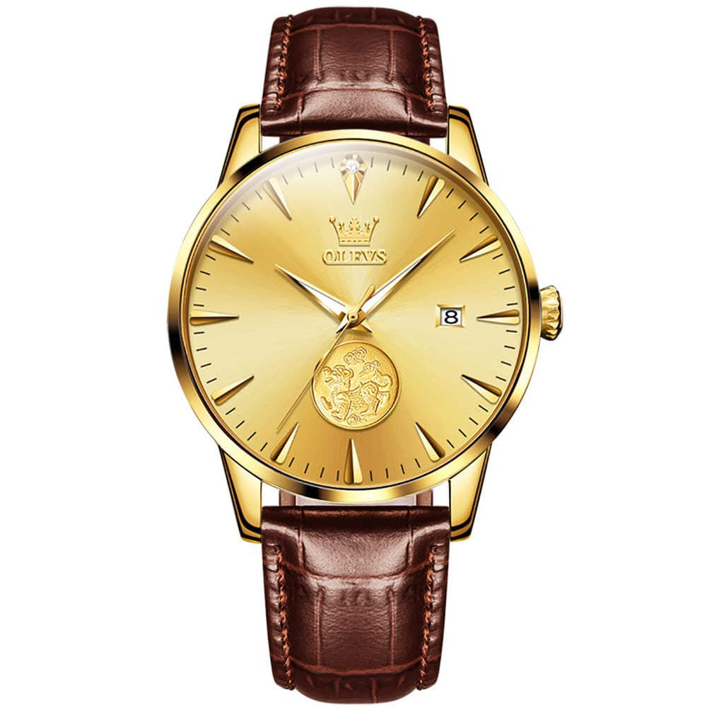 OLEVS 6665 Stainless Steel Pi Xiu Lucky Mechanical Watch for Men - Leather Gold Watch | Olevs Watch Store