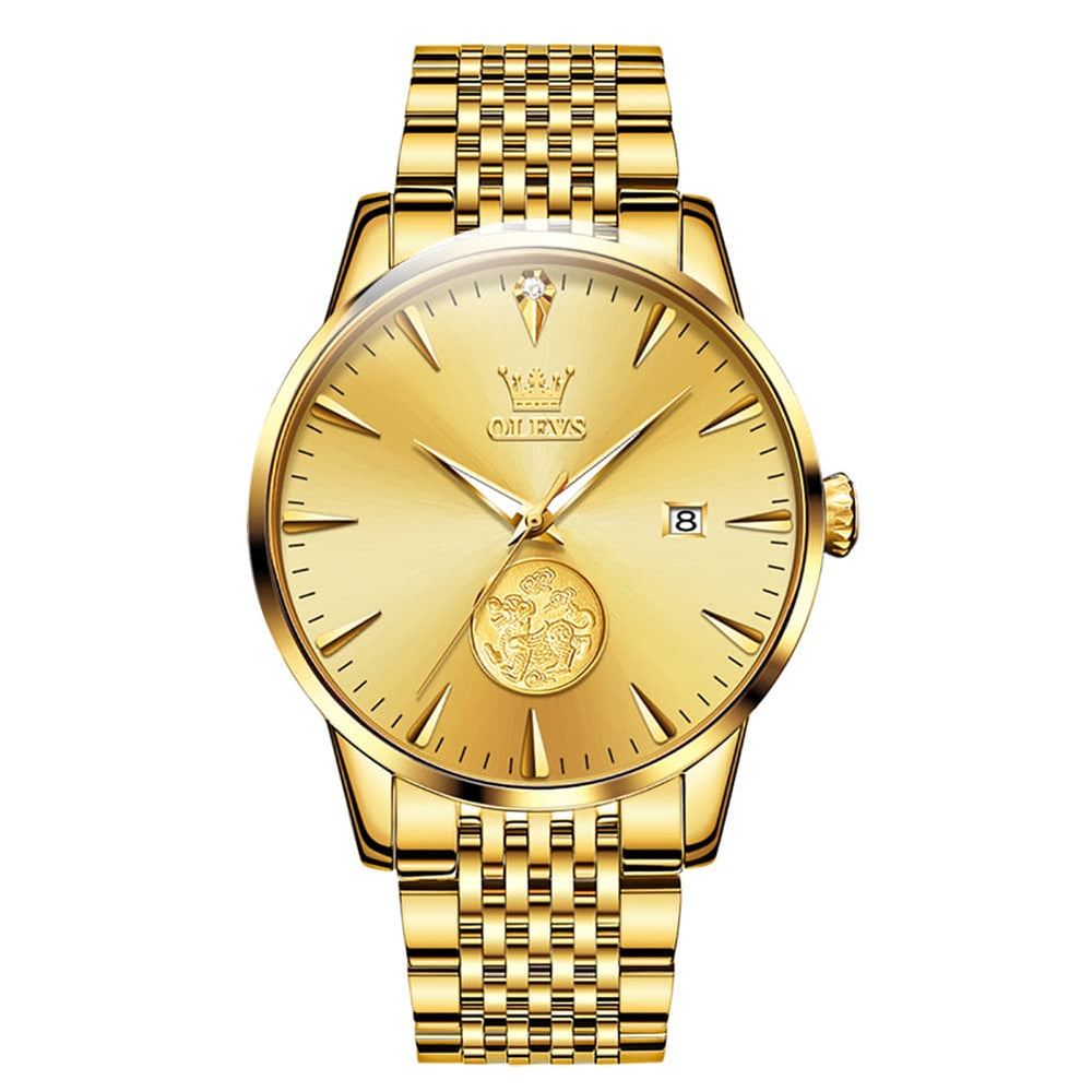 OLEVS 6665 Stainless Steel Pi Xiu Lucky Mechanical Watch for Men - Leather Gold Watch | Olevs Watch Store