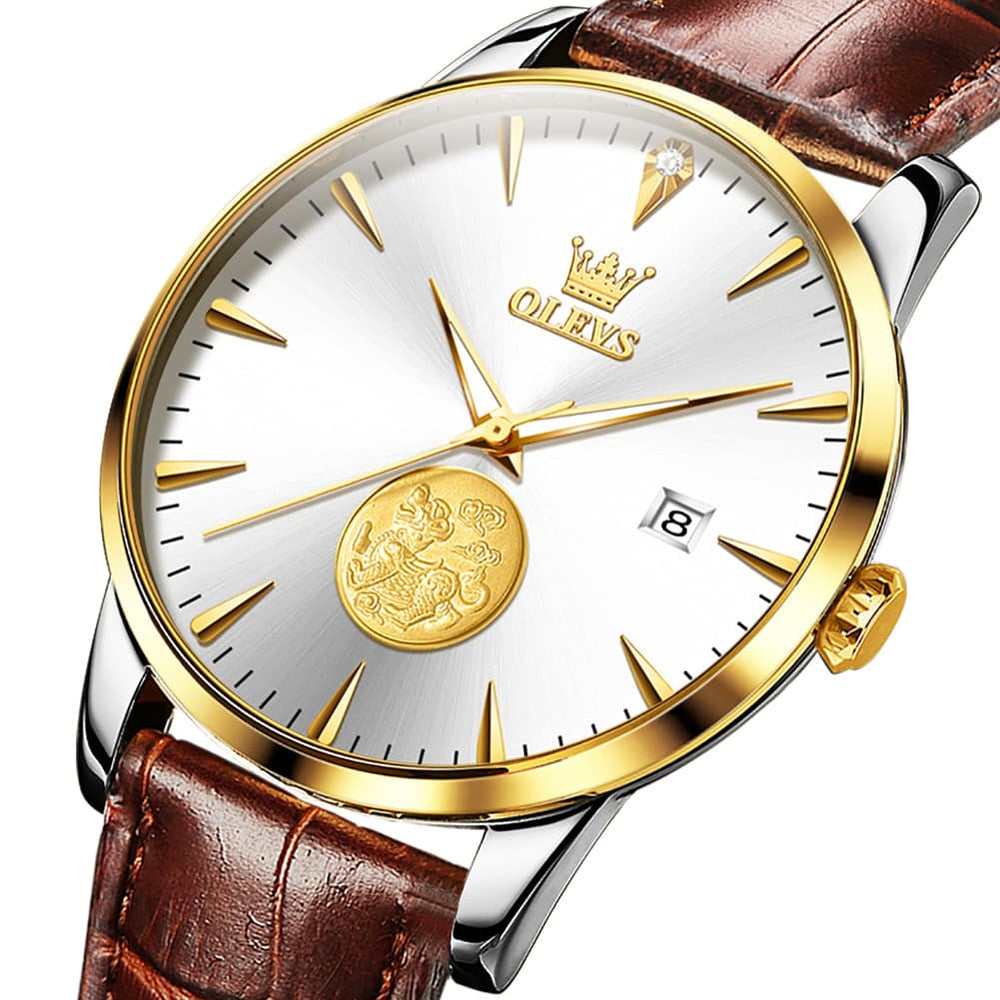OLEVS 6665 Stainless Steel Pi Xiu Lucky Mechanical Watch for Men - Leather Gold Watch | Olevs Watch Store