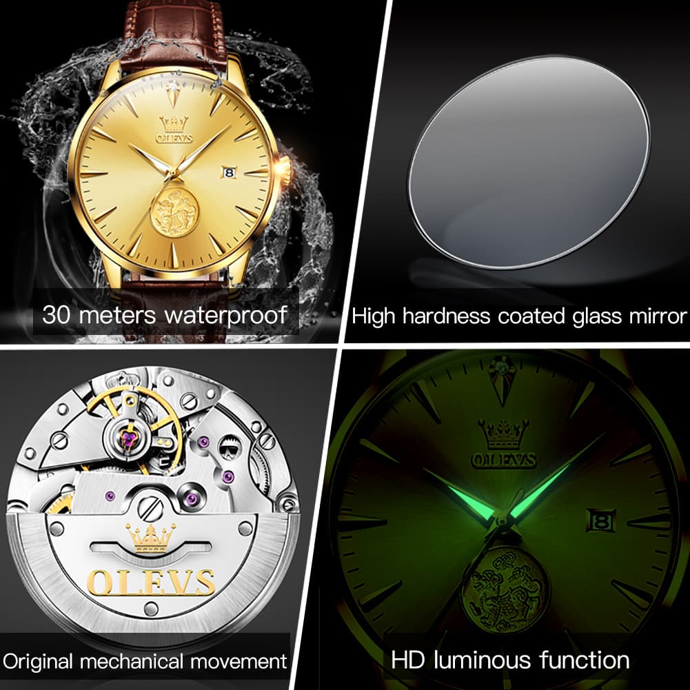 OLEVS 6665 Stainless Steel Pi Xiu Lucky Mechanical Watch for Men - Leather Gold Watch | Olevs Watch Store