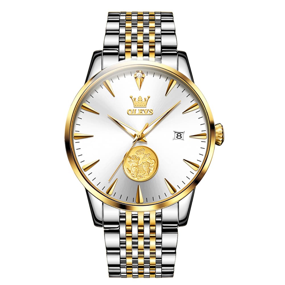 OLEVS 6665 Stainless Steel Pi Xiu Lucky Mechanical Watch for Men - Leather Gold Watch | Olevs Watch Store