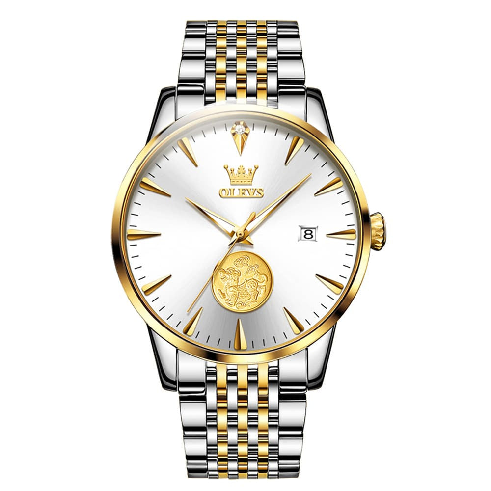 OLEVS 6665 Stainless Steel Pi Xiu Lucky Mechanical Watch for Men - Leather Gold Watch | Olevs Watch Store