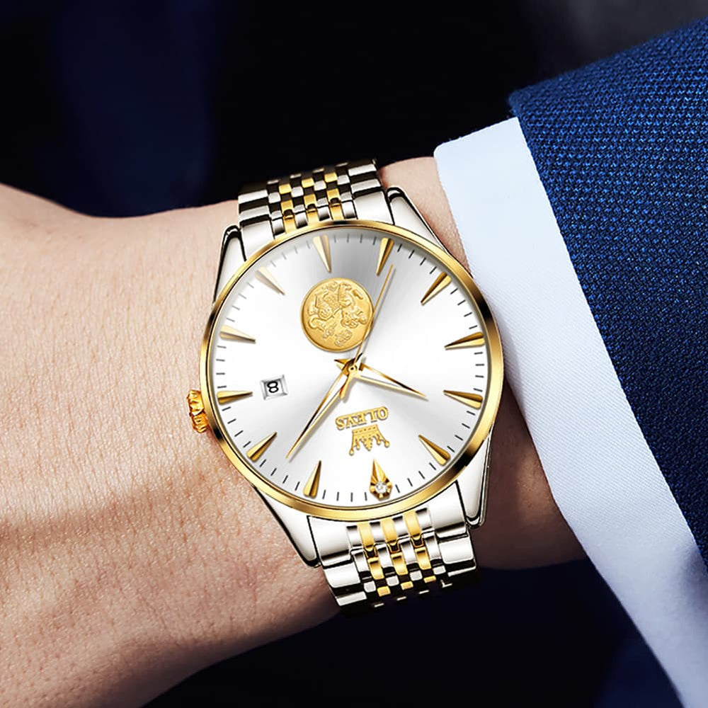 OLEVS 6665 Stainless Steel Pi Xiu Lucky Mechanical Watch for Men - Leather Gold Watch | Olevs Watch Store