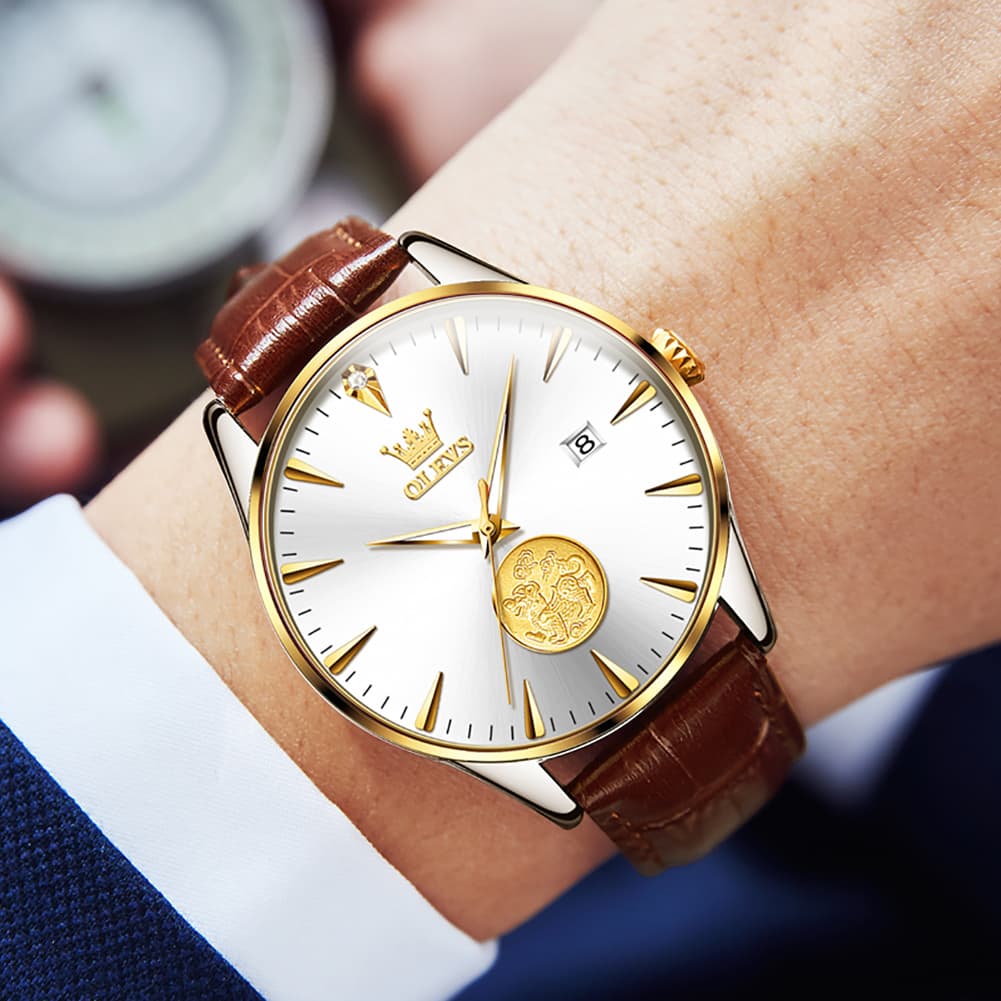OLEVS 6665 Stainless Steel Pi Xiu Lucky Mechanical Watch for Men - Leather Gold Watch | Olevs Watch Store