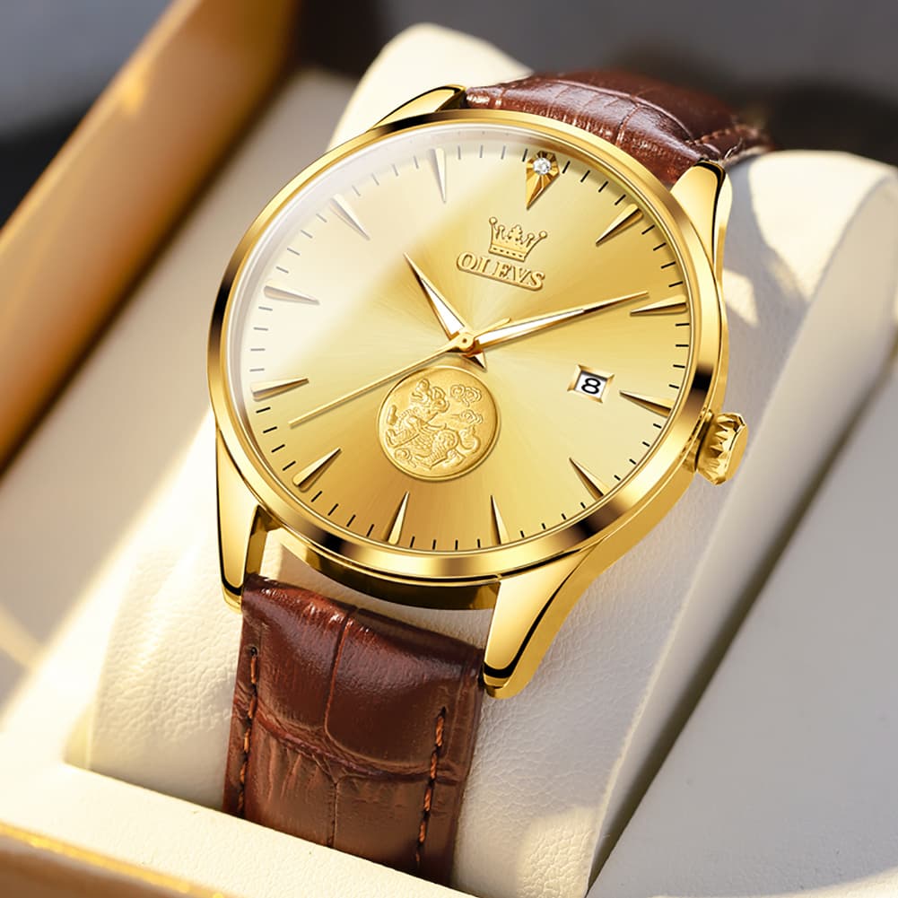 OLEVS 6665 Stainless Steel Pi Xiu Lucky Mechanical Watch for Men - Leather Gold Watch | Olevs Watch Store