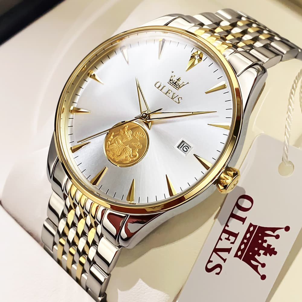 OLEVS 6665 Stainless Steel Pi Xiu Lucky Mechanical Watch for Men - Leather Gold Watch | Olevs Watch Store