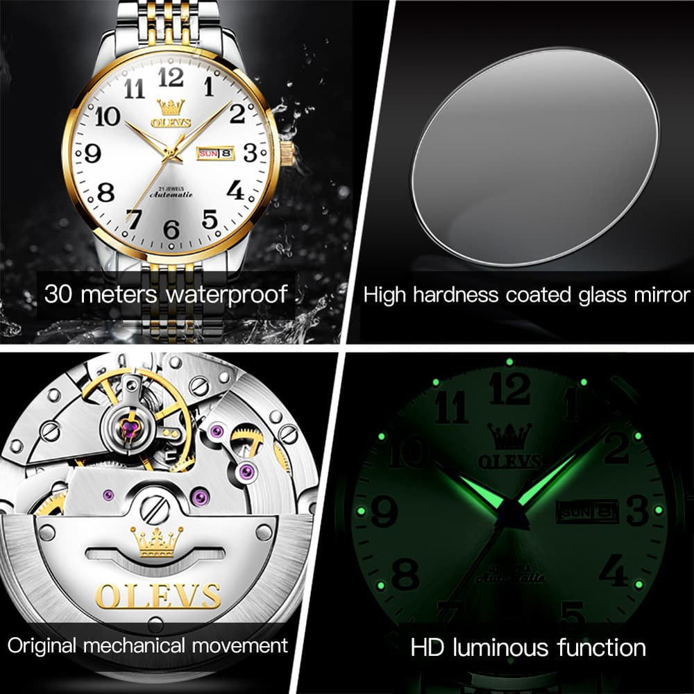 OLEVS 6666 Stainless Steel Mechanical Big Numeral Watch for Men - All Gold Watch | Olevs Watch Store