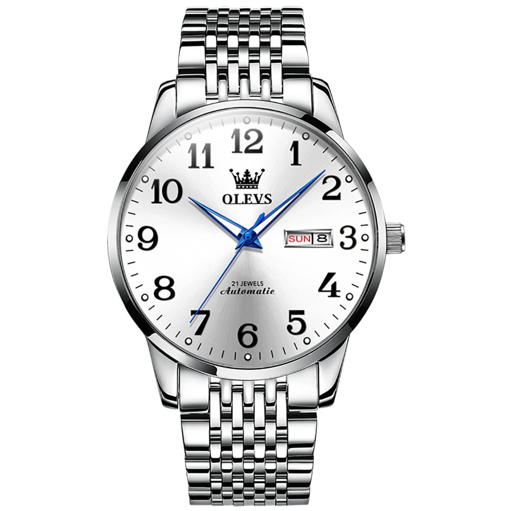 OLEVS 6666 Stainless Steel Mechanical Big Numeral Watch for Men - Silver White Watch | Olevs Watch Store