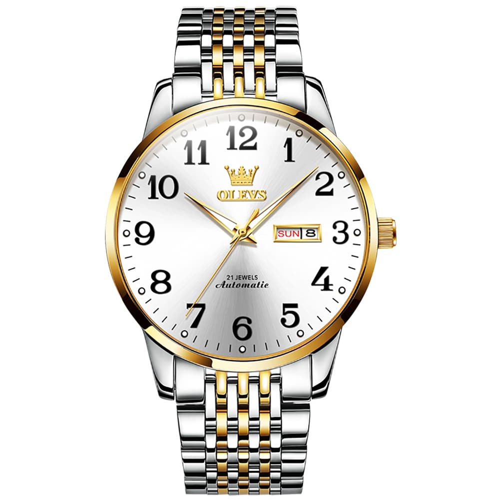 OLEVS 6666 Stainless Steel Mechanical Big Numeral Watch for Men - Two-Tone White Watch | Olevs Watch Store