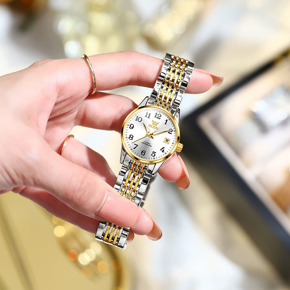 OLEVS 6666N Stainless Steel Mechanical Big Numeral Watch for Women - All Gold Watch | Olevs Watch Store