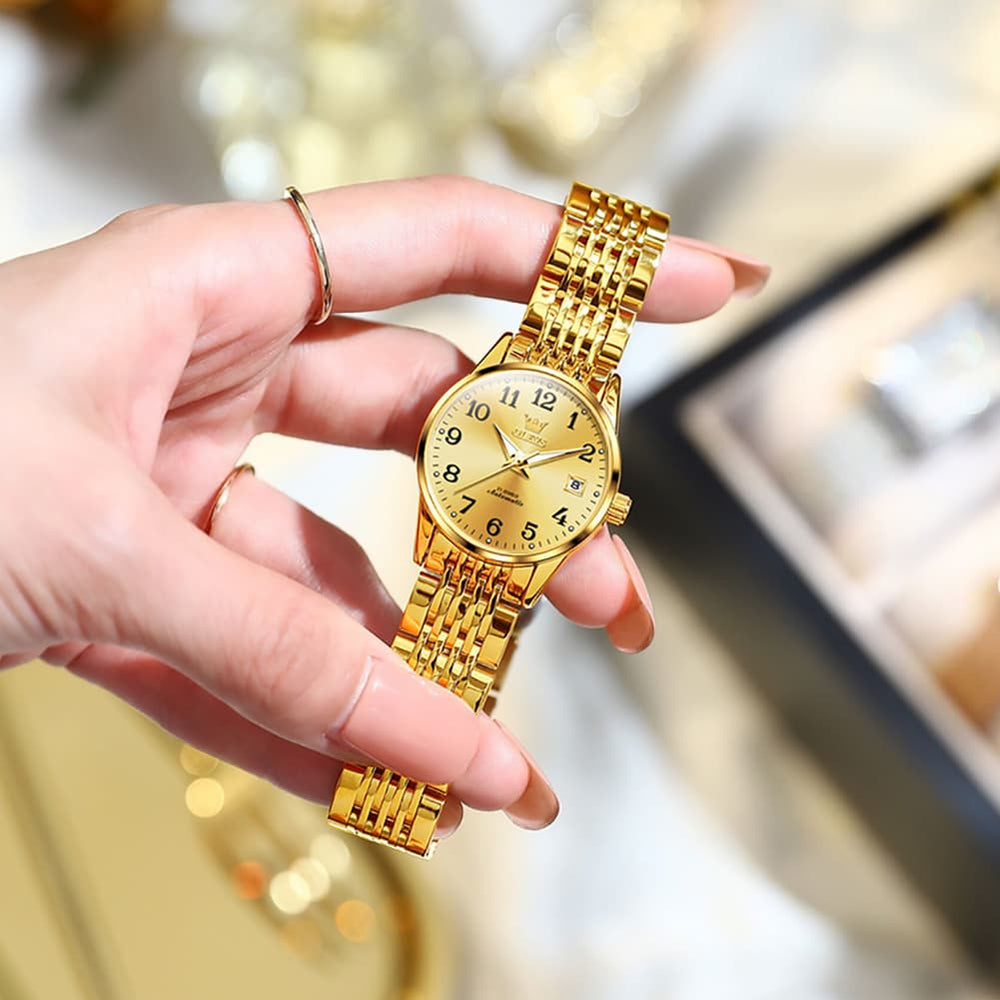 OLEVS 6666N Stainless Steel Mechanical Big Numeral Watch for Women - All Gold Watch | Olevs Watch Store