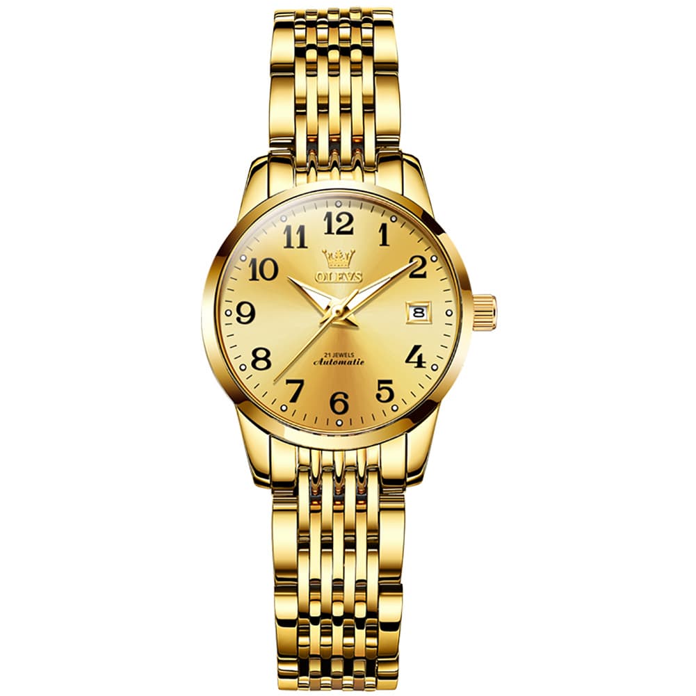 OLEVS 6666N Stainless Steel Mechanical Big Numeral Watch for Women - All Gold Watch | Olevs Watch Store