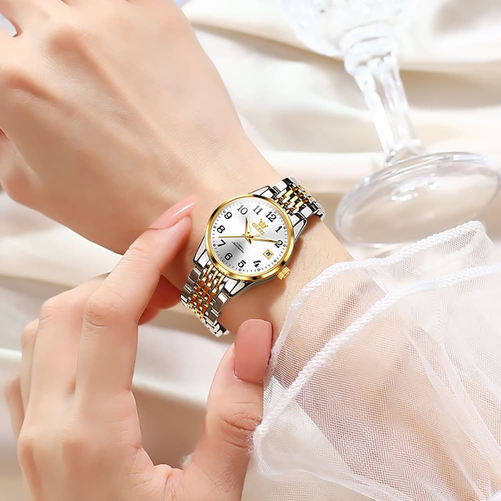 OLEVS 6666N Stainless Steel Mechanical Big Numeral Watch for Women - All Gold Watch | Olevs Watch Store