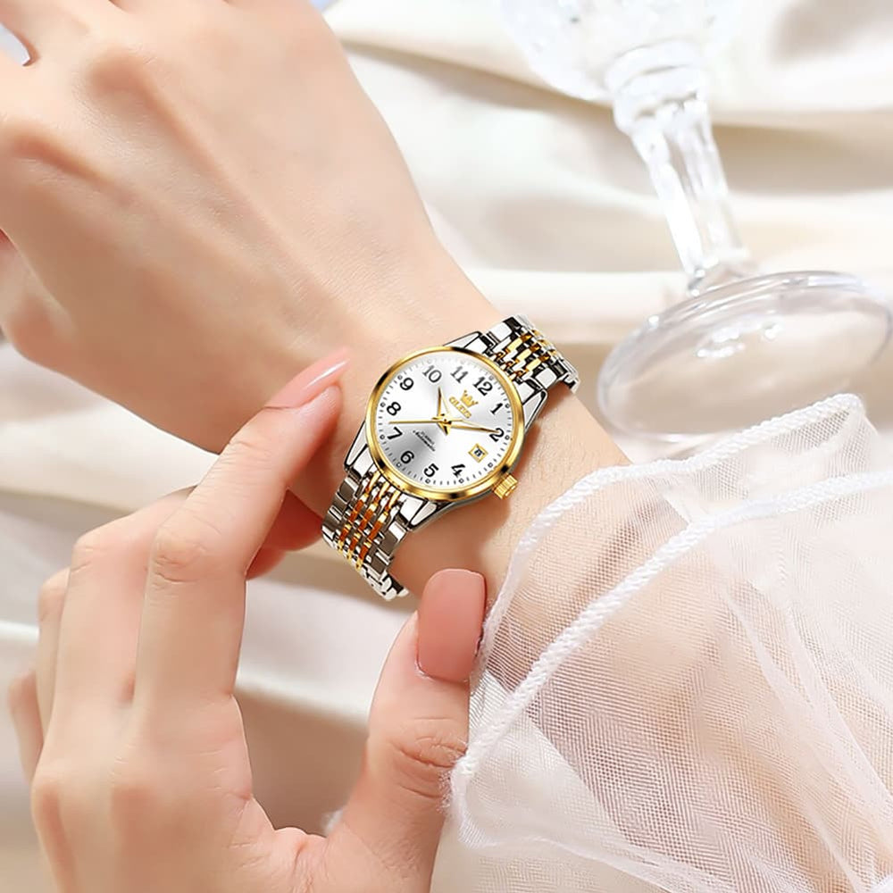 OLEVS 6666N Stainless Steel Mechanical Big Numeral Watch for Women - All Gold Watch | Olevs Watch Store