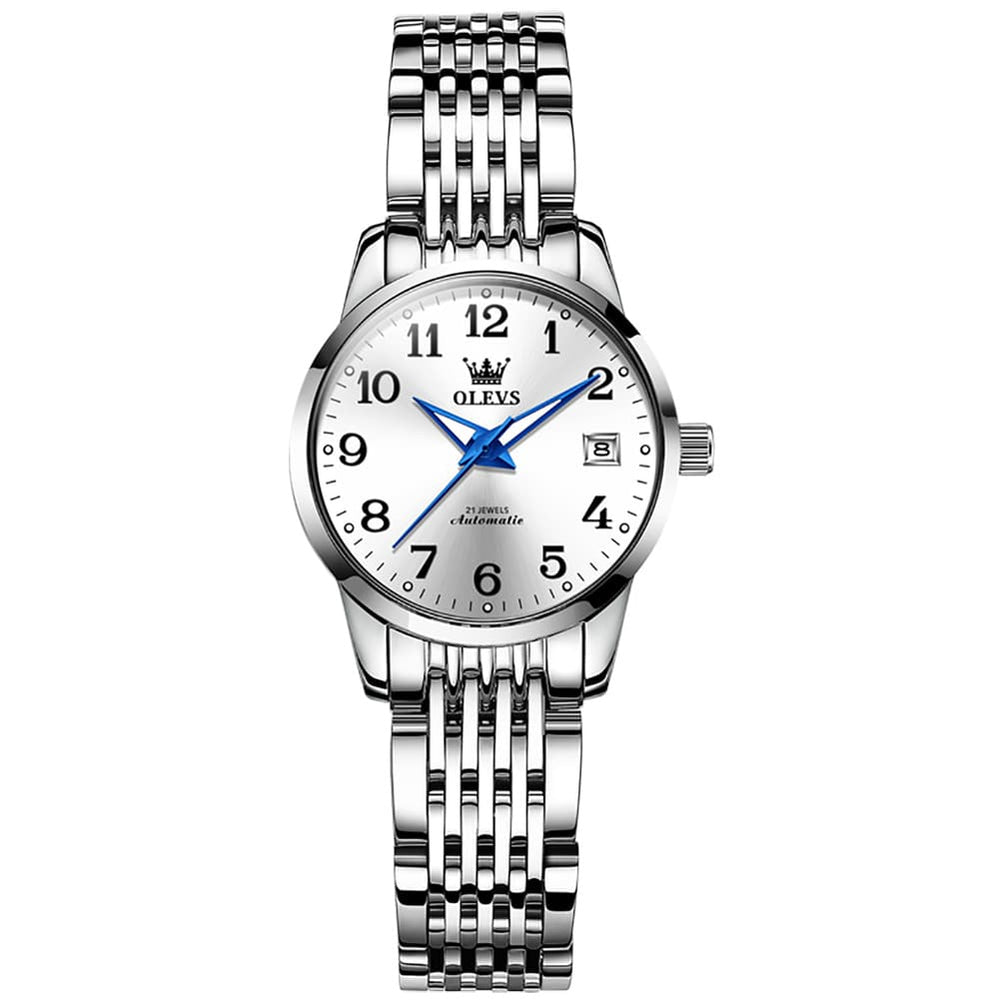 OLEVS 6666N Stainless Steel Mechanical Big Numeral Watch for Women - Silver White Watch | Olevs Watch Store