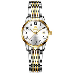 OLEVS 6666N Stainless Steel Mechanical Big Numeral Watch for Women - Two-Tone White Watch | Olevs Watch Store
